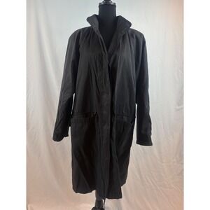 Vintage Black Duster Coat Longline Stand Collar Hidden Button Front Jacket Solid